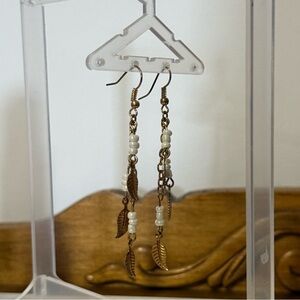 Elegant Gold and White Leaf Dangle Earrings